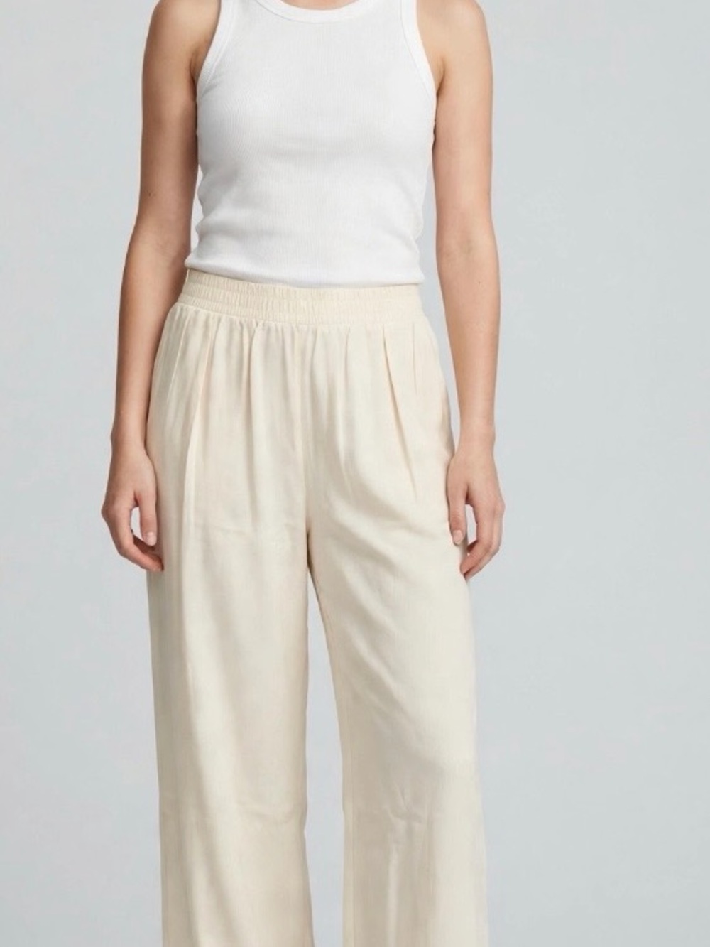 Cream Wide-Leg Pull-On Pants with Elastic Waist